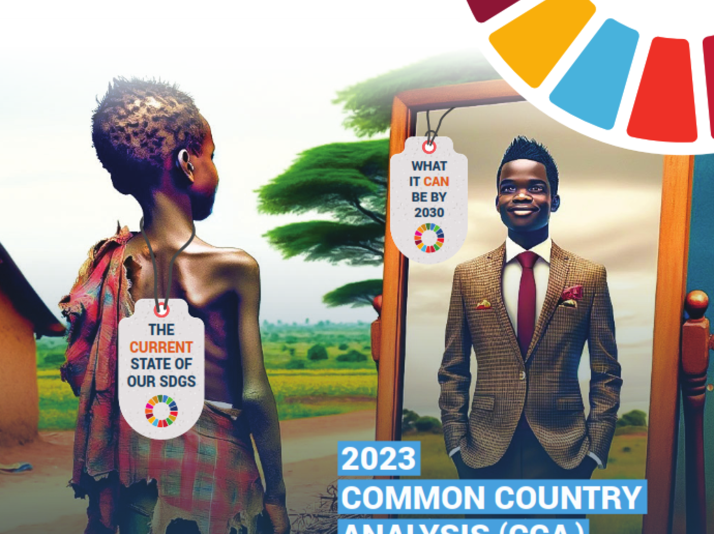 The cover of the 2023 Common Country Analysis (CCA) report by the United Nations in The Gambia. The image features two children standing side by side, with one child on the left dressed in tattered clothing representing 'The Current State of Our SDGs' and another child on the right in a smart suit representing 'What It Can Be by 2030.' The backdrop includes a blend of rural and modern elements, symbolizing progress and potential development. The UN logo and branding are prominently displayed.