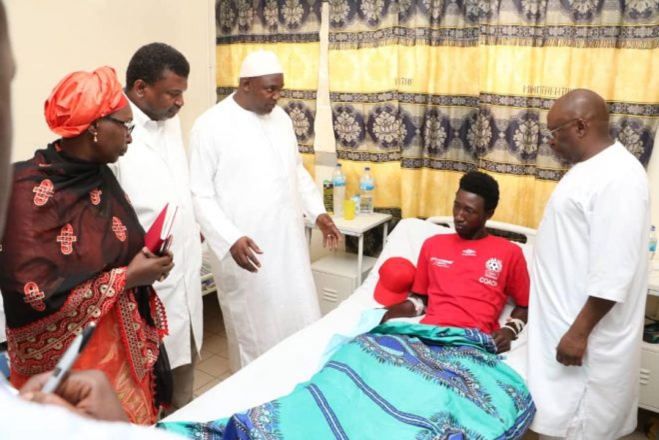 President Barrow visiting a victim of the Faraba Banta protest at the EFSTH in Banjul