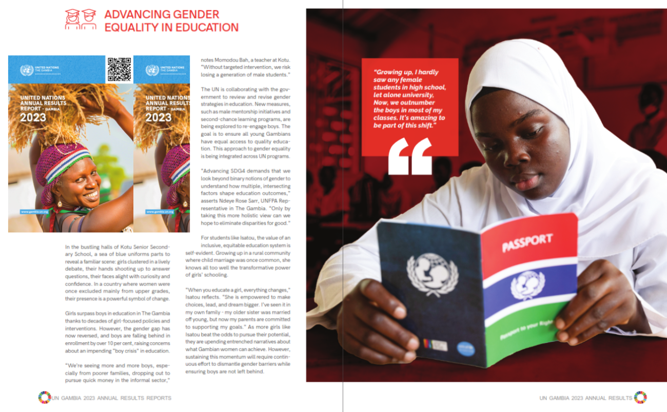 The image showcases the advancement of gender equality in education in The Gambia. It features students at Kotu Senior Secondary School, with girls actively participating in classes. A quote highlights the shift from girls being rare in high school to now outnumbering boys. The UN is working with the government on strategies to support both genders. A student testimonial emphasizes the transformative power of girls’ education. The image includes the UN Gambia 2023 Annual Results Reports.