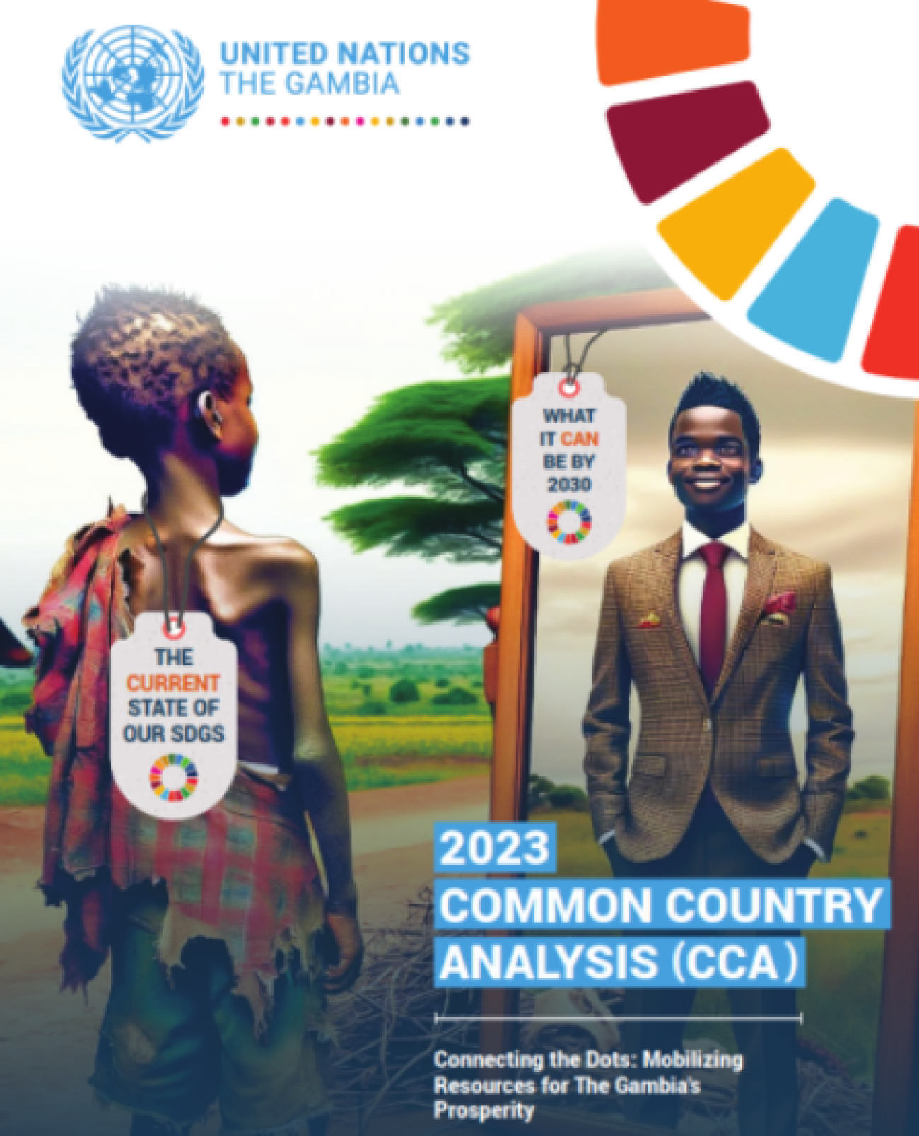 Cover of the 2023 Common Country Analysis (CCA) for The Gambia by the United Nations. The image shows a young boy, symbolizing the current state of the SDGs, and a young man in a suit, representing the potential future by 2030. The UN logo and SDG color wheel are also featured.