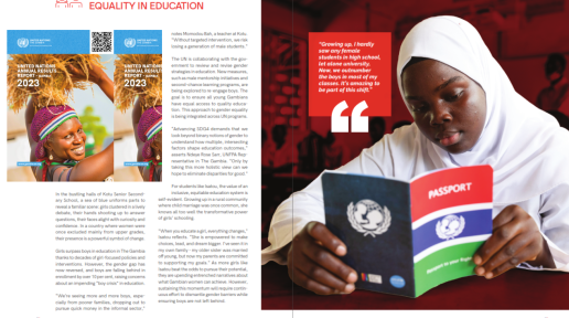 The image showcases the advancement of gender equality in education in The Gambia. It features students at Kotu Senior Secondary School, with girls actively participating in classes. A quote highlights the shift from girls being rare in high school to now outnumbering boys. The UN is working with the government on strategies to support both genders. A student testimonial emphasizes the transformative power of girls’ education. The image includes the UN Gambia 2023 Annual Results Reports.